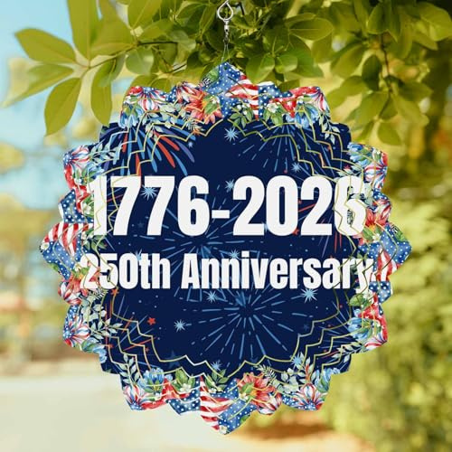 Independence Day Wind Spinner for Garden Yard 10In, 250th Anniversary Blue Red Sparklers Flowers 3D Stainless Steel Kinetic Hanging Wind Spinners Rustproof Outdoor Decor for Lawn Patio Home
