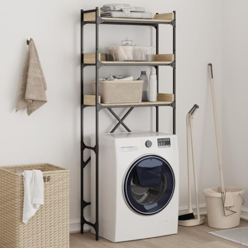 Runheo Estantería para lavadora, roble Sonoma con marco de metal, 67 x 25 x 163 cm, material de madera, 3 estantes, patas ajustables, ahorra espacio para lavandería y baño