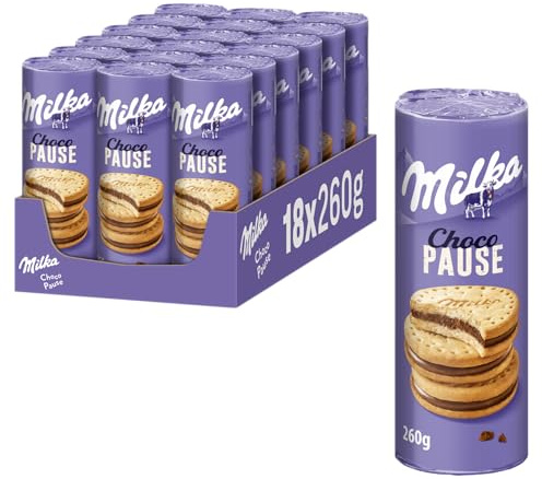 Milka Choco Pause, 260 g (18er-Pack) | Unwiderstehlich zarte Creme mit Alpenmilchschokolade, umgeben von zwei knusprig-köstlichen Keksen