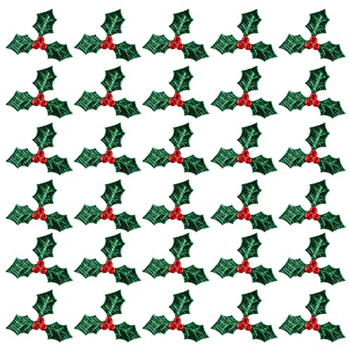 100pcs Mini Triple Leaf Holly Berries Embellishments for Holiday Christmas Wreath Arrangement Tag and Card Making (Green, 3CM)