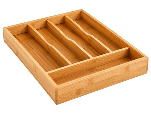 Range Couverts en Bambou - Organiseur pour Tiroir de Cuisine 5 Compartiments – Résistant Durable Ecologique (34 x 25 cm)