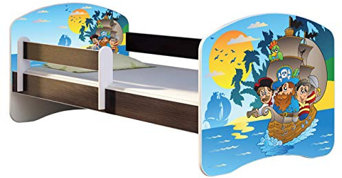 ACMA Kinderbett Jugendbett mit Einer Schublade und Matratze Wenge mit Rausfallschutz Lattenrost II 140x70 160x80 180x80 (21 Piraten, 140x70)