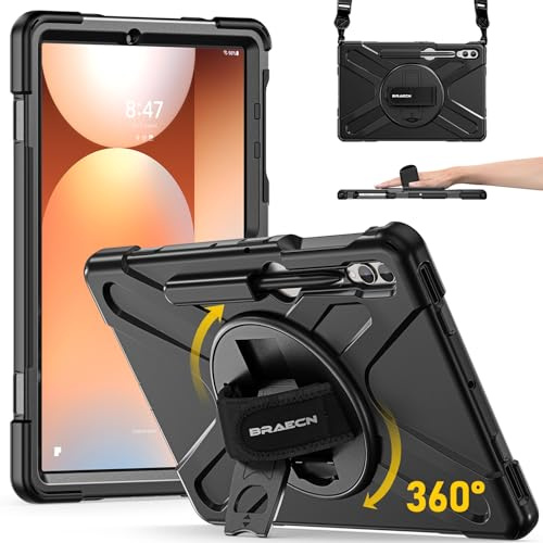BRAECN Hülle für Galaxy Tab S10+ Plus /S9 FE+ Plus /S9+ / S8+ /S7 FE /S7+ | 12.4 Zoll Stoßfeste Robuste Schutzhülle mit Stifthalterung, 360° Drehbar Ständer und Handgurt, Schultergurt, Schwarz