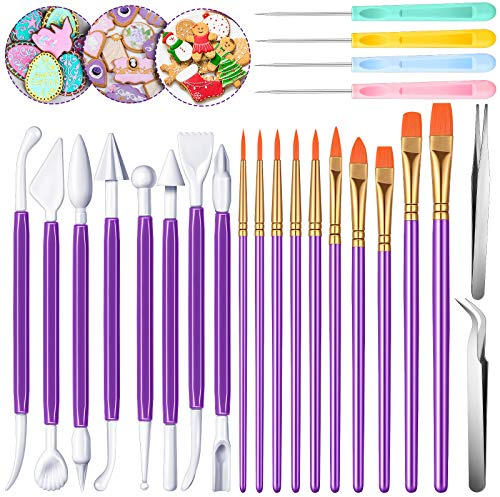 24 Pieces Cookie Decorating Fondant Cake Decorating Tool Set Include Brushes Sugar Stir Needle Fondant Modeling Tool Elbow and Straight Tweezer(Purple)