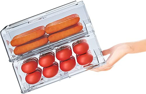 YekouMax Organizador Nevera,Transparente Grande Recipiente de Plástico Organizador Despensa, Caja de Almacenamiento de Cajón Para Verduras, Frutas, Sin BPA (2 Cajones, Medio)