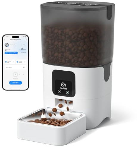 PAPIFEED Automatic Cat Feeder with App, 2.4G WiFi Cat Food Dispenser, 6L Timed Cat Feeder for Dry Food, 10 Meals/Day, 12 Portions/Meal, Dual Power Supply Smart Pet Feeder for Dog, White