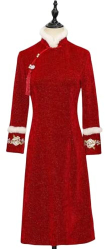 Abito Cheongsam Cinese da Donna - Manica Lunga Cheongsam Inverno Ispessito Cheongsam Donne Eleganti Vestiti Stile Cinese Tradizionale Abito Festa Matrimonio Qipao, Rosso, XL