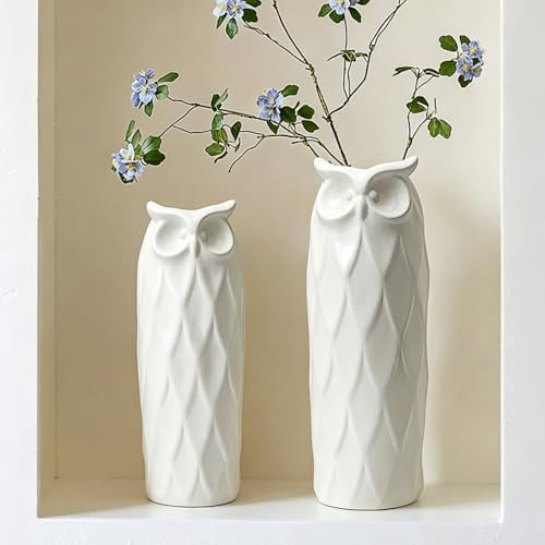 LIZOFER Owl Ceramic Vase Set of 2 for Living Room Bedroom 9.45'' and 8.27'' Modern White Fake Flower Plant Vases for Home Decor Office Table Shelf Fireplace Retro Rustic Farmhouse Vintage Classic Gift