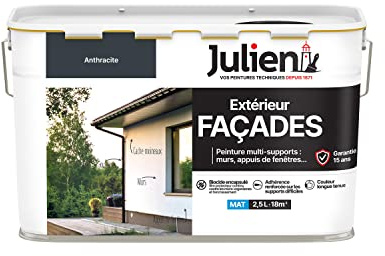 Julien Peinture pour Façades Multi-Supports en phase Aqueuse - Murs extérieurs, appuis de fenêtres, soubassement, gouttières - Anthracite 2,5 L