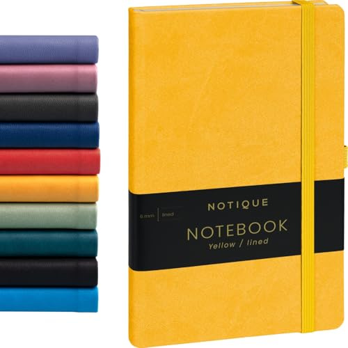 NOTIQUE Anteckningsbok linjerad, inbunden anteckningsbok, anteckningsbok, dagbok med gummiband och pennhållare 13 x 21 cm, 192 sidor (gul, linjerad)