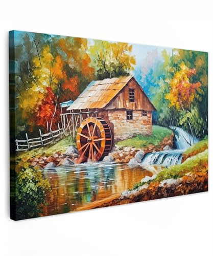 MuchoWow© Leinwandbild Groß XXL Dekoration Wohnzimmer Bilder Aufhängen Wall | 120x80 cm - Decoration Living Room Wohnungs Deko Moderne Kunstdruck - Bunt - Landschaft - Malerei - Haus - Kunst - Herbst