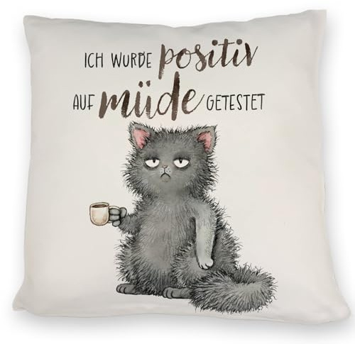 speecheese Genervte Katze Kissen mit Spruch positiv auf müde getestet EIN bequemes DekoKissen für die Couch lustiges Katzen Männer Kaffee Morgenmuffel Motiv Kissen bezug Bedruckt
