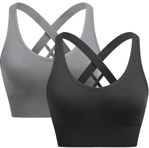ANGOOL Seamless Removable Padded Sports Bra, Cross Back Yoga Fitness Workout Bra,Black+Gray,L