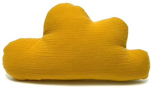 Blausberg Baby - Wolken-Kissen personalisiert, Baby Geschenk mit Name und Geburtsdatum zur Geburt, Taufe - Musselin Senf Gelb - alle Materialien Oeko-TEX Standar 100 Zertifiziert