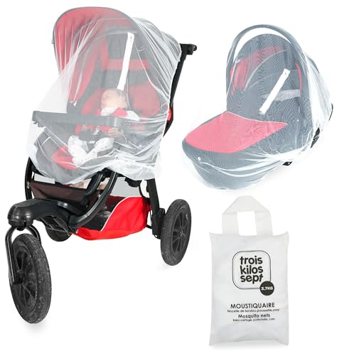 Trois Kilos Sept - Moustiquaire élastique à Zip 3 en 1 - Taille Universelle - Lit bébé, Cosy, Poussette - Filet Anti Moustiques Tigres, Insectes - Protection Fine & Résistante - Sac Inclus - Blanc