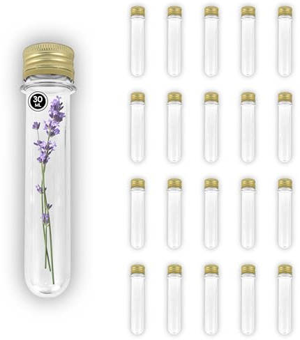 20 Reagenzgläser aus transparentem PET-Kunststoff, 30 ml, mit Schraubverschluss – Labor, Kunststoffröhrchen, Phiole, sensorische Flaschen – Süßigkeiten, Partys, Blumen, Gewürze