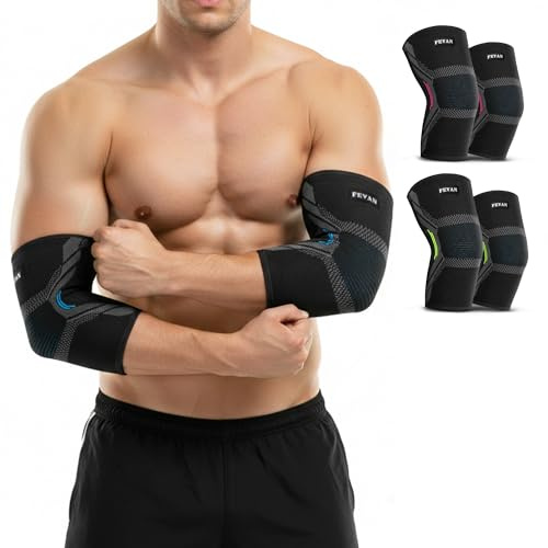 FEVAN PACK 2 x kompressions armbågsskydd för epikondylit och tendinit för män och kvinnor, sportarmbåge för tennisarmbåge, crossfit, golfarmbåge (blå, M)