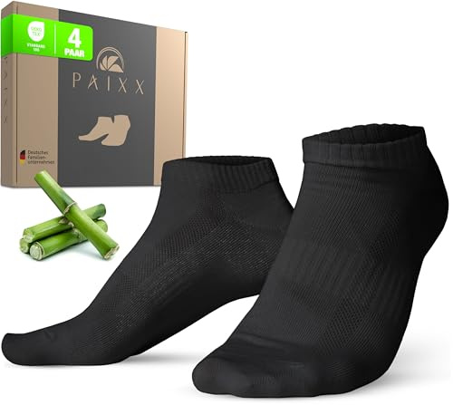 PAIXX Premium bambusneakers strumpor 8-pack, 43–46 och 39–42, män och kvinnor – andningsbara, antibakteriella ankelstrumpor mot svettfötter – luddfria anti-lukt bambustrumpor, Svart 4 par, 43-46 EU