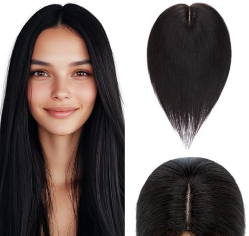 Elailite Hair Topper Echthaar #1B Naturschwarz 30cm Clip in Toupet Damen Extensions Haarteil Haartopper Basis 10x12cm