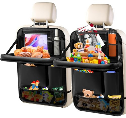 Zecirl 2Pack Car Backseat Organizer with Foldable Table Tray,6 Storage Pockets Car Storage Organizer with Tablet Holder,Car Seat Back Protectors Kick Mats Travel Accessories (Black)