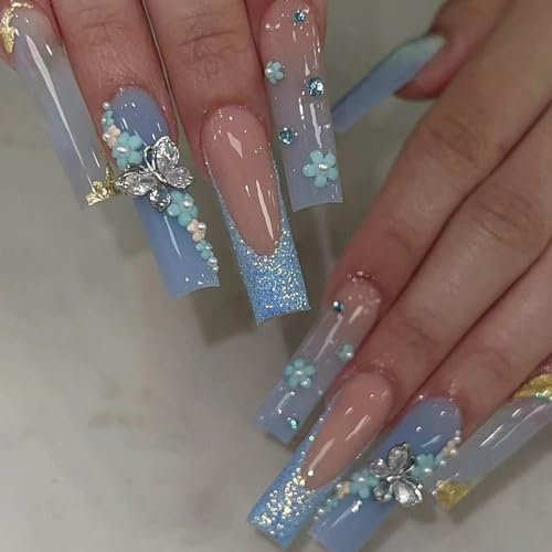 Square False Nails, Blue Acrylic Nails, 24pcs Extra Long Butterfly Nails with Glue