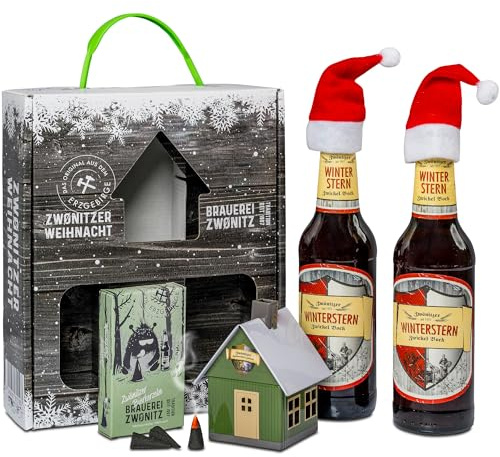 Brauerei Zwönitz Winterstern Bier Geschenkbox mit Winterstern Craft Beer | Geschenkset Weihnachten mit Bier 0,33 Liter, Räucherkerzen und Räucherhäuschen Metall - Geschenkset für Männer Weihnachten