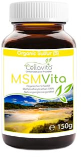 Cellavita Polvere di zolfo organico MSM Vita ad alto dosaggio e puro al 99,9% – Polvere pura di metilsulfonilmetano 150 g in vetro – Polvere MSM senza additivi e conservanti – Made in Germany