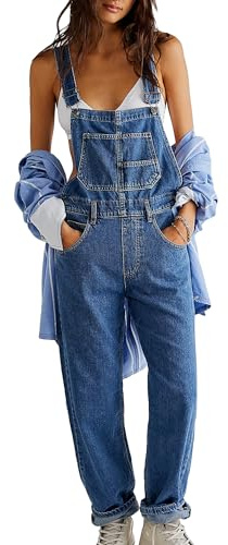 Felcia Women Classic Denim Overalls Loose Fit Straight Leg Adjustable Strap Suspender Jumpsuit Casual Jean Dungarees
