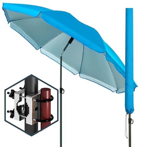 Menz Sonnenschirm Balkon Ø 180 cm, 3-IN-1 SET - Sonnenschirm Strand UPF 50+, Gartenschirm mit Knickfunktion - Balkon Schirm + Sonnenschirmhalter Balkongeländer + Sonnenschirmhülle, Fb. Blau