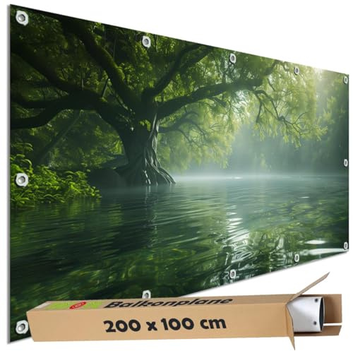 TRIOSK Sichtschutz Balkon Deko Plane Balkonblende Blickdicht mit Motiv Zauber Baum Wasser Nebel Fluss für Garten Terrasse Gartenzaun Balkonverkleidung Blickschutz PVC groß 200x100 cm