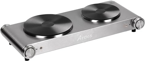 ARDES HOBINOX DUO ARFOEL02 – Fornello elettrico doppio 2500W in acciaio inox, piastre in ghisa Ø18,8 e 15,5 cm, termostati indipendenti e piedini antiscivolo