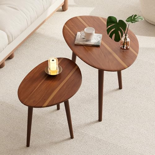 Semjar Small Oval Coffee Tables Set,Acacia Wood Nesting Tables（25.6x17.7+17.7x13.4 for Living Room Small Spaces Office,Easy Assembly Wooden Minimalist Walnut Mid Century Modern Coffee Table