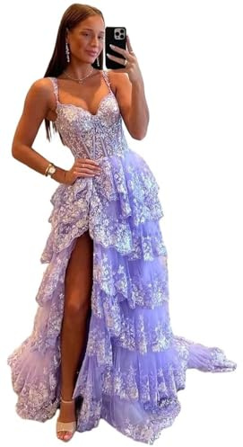 Glitter Lace Tiered Tulle Prom Dress Long with Slit Sparkly Spaghetti Straps Formal Evening Gown Wedding Party Ball Gown Lilac 14