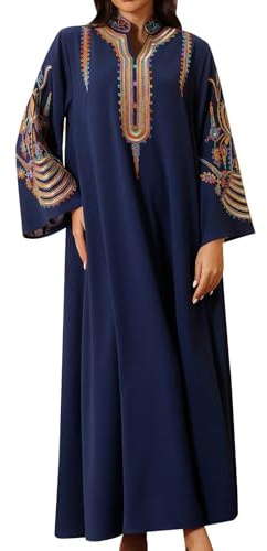 Robe Arabe Femme Grande Taille,Vetement Arabe Femme À Manches Longues Vêtements Ethnique Grande Taille Col Rond Couleur Unie Style Arabe Islamique Moyen-Orient Porter Au Quotidien