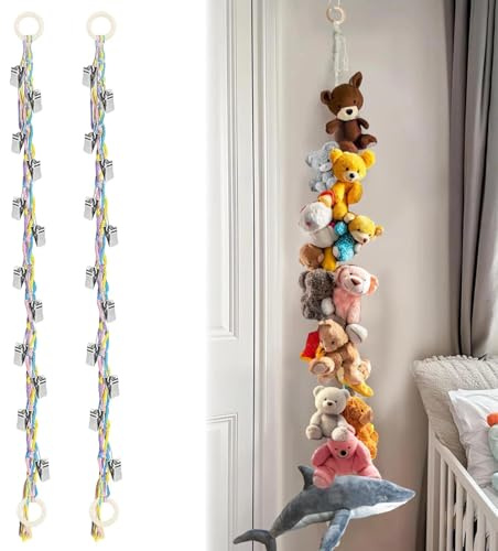 DEANKEJI 2 Stück Kuscheltiernetz, 2 m Baumwollseil Plüschtier Aufbewahrung, Kuscheltier Aufbewahrungskette mit Holzringen, Bunt Stofftier Hängematte mit 40 Clips, für Aufbewahrung Spielzeug, Fotos