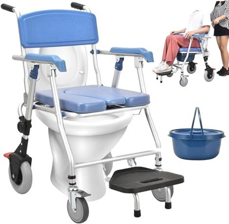 Duschrollstuhl - Ergonomisch wasserabweisend Toilettenstuhl für Senioren, Multifunktionaler Duschstuhl mit Rollen Klappbar, für Senioren und Menschen mit eingeschränkter Mobilität (Blau)