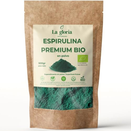 La Gloria Mediterránea Espirulina Bio 500 g en Polvo – Espirulina Ecológica Premium Rica en Proteínas y Antioxidantes, 100% Natural sin Aditivos, Vegana