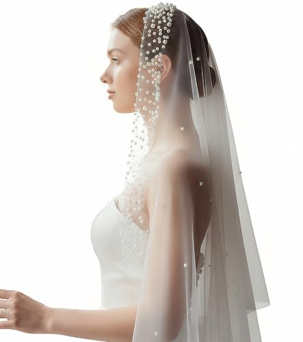 Aohyue Brautschleier mit Perlen, Elegent Brautschleier Damen 95 cm, Weiß Einzelner Tüll Hochzeitsschleier, für Brautkleid, Hochzeitskleid & Brautkleider Kurz mit Kamm, Rahmengenähter Perlenstil