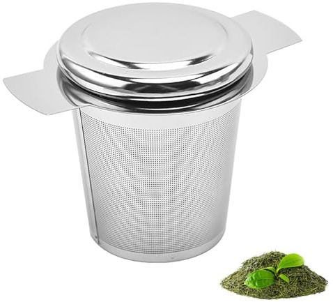 iJiZuo Infusor de té de acero inoxidable para té de hojas sueltas con bandejas antigoteo y tapa, de malla extrafina con asas, para té de hojas sueltas, infusiones, tazas, teteras y especias