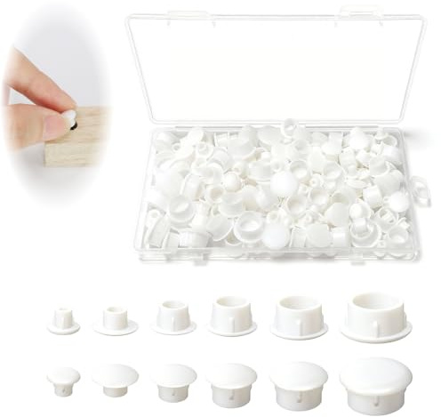 Set med 210 stycken vita plastskruvlock med låda, 5/6/8/10/12/14 mm runda hålskydd för möbler, skåp, hyllor och paneler, paneler, träskruvskydd och perfekt finish
