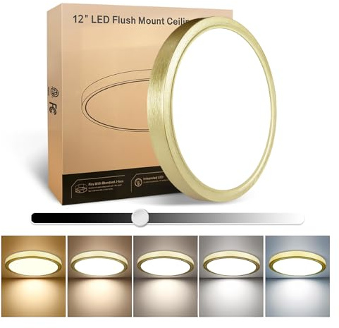 EOSMILE 12 Inch Brushed Gold LED Flush Mount Ceiling Light, 25W, 3000LM, CRI 95+, 2700K-5000K 5-Color Selectable & Dimmable, Thin Flat Surface-Mounted Fixture for Bedroom, Hallway, Living Room
