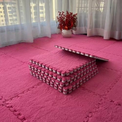 Hiseng 5/10 Stück Ineinandergreifende Teppichfliesen, Teppichfliesen Selbstliegend Puzzle Plüisch 30x30cm Bodenfliesen Ohne Kleben Puzzlematten für Schlafzimmer, Einfarbig (Rosa 1,10 Stück)