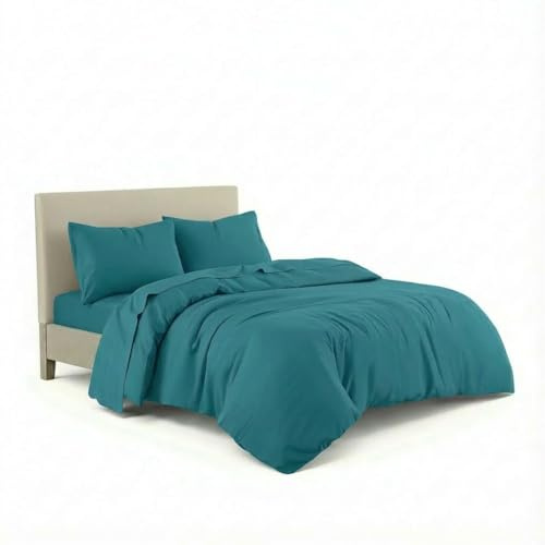 Linen Tribe 100% Cotton Duvet Cover Set - 3Pcs Flannelette Quilt Cover & Matching Pillow Cases - Thermal Bedding Ultra Soft Plain Flannel Brushed Cotton Winter Bedding (Teal, King)