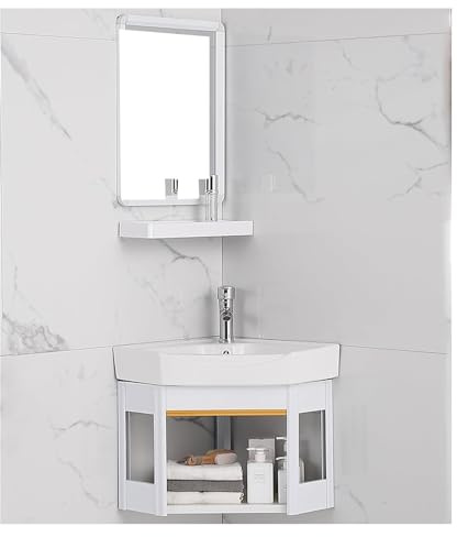 Eckwaschbecken mit Schrank, wandmontiertes Waschbecken und Spiegel, platzsparendes Design für Zuhause, Küche, modernes weißes Eckwaschbecken