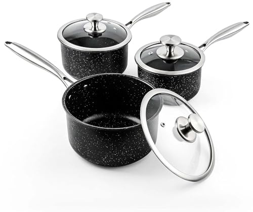 Tieplis 3 Pieces Saucepan Set, 16/18/20cm Stainless Steel Milk Cooking Pan with Glass Lid, Durable Sauce Pan for Healthy Cooking, Suitable for Induction, Gas & Electric Hobs, Nonstick Black Coating