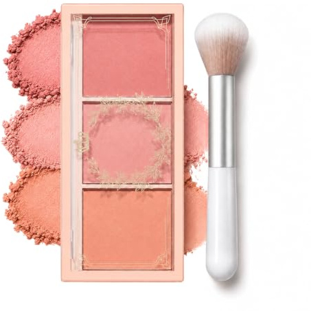 3 in 1 Blusher Powder Palette, Blushers for Cheeks Make Up, Matte Face Powder Blush, Pressed Powder Cheek Colour Palette with Brush, Long Lasting Non-Greasy Peach Blush,Nude & Pink Blush Travel Makeup