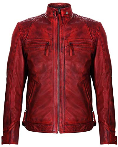 Infinity Leather Chaqueta de Cuero Roja Napa Acolchada Retro Para Hombre L