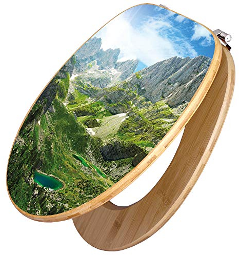banjado Design WC Sitz Bambus 45x37,5cm / Toilettendeckel Holz/hochwertiger Toilettensitz/Bambus-Toilettendeckel für alle gängigen Toiletten - Bergsee Alpen