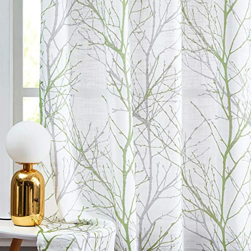 Fmfunctex Green Semi Sheer Curtains for Bedroom 72 Drop Grey Voile Curtains for Living Room Tree Branch Eyelet Curtain Linen Textured Light Filtering Window Curtain Drapes for Dining Room 2 Panels