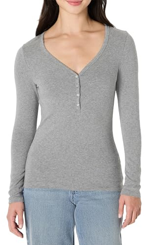 Amazon Essentials T-shirt Henley à manches longues, coupe étroite, en tricot côtelé Femme, Gris Chiné, XXL